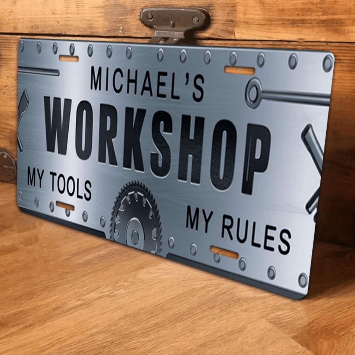 Workshop Tools With Name - Personalisiertes Namens-Werkstatt-Aluminiumschild 6x12 Zoll – Rustikales,
