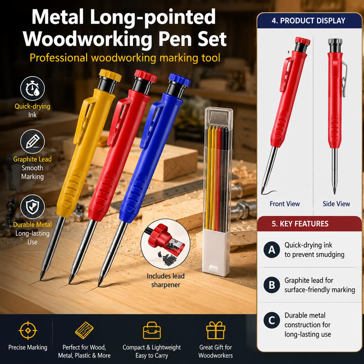 Marking Tools In Workshop - Metall-Druckbleistift-Set mit langer Spitze für Holzbearbeitung,
