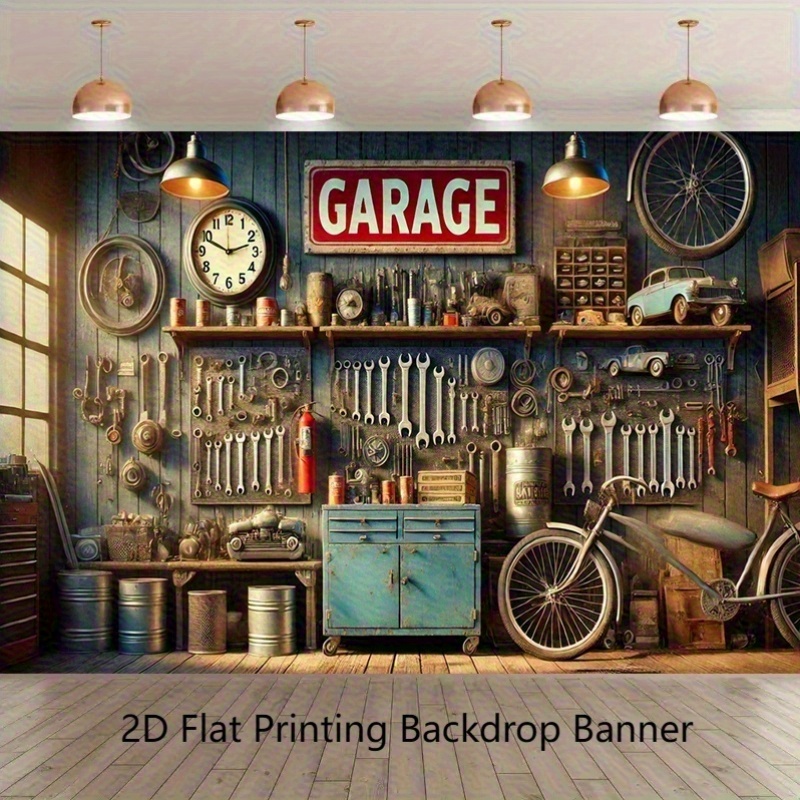 Workshop Tools Background - Industrielle Garagen-Hintergrundbanner-Tapete aus Polyester für Werkstatt-Dekoration,