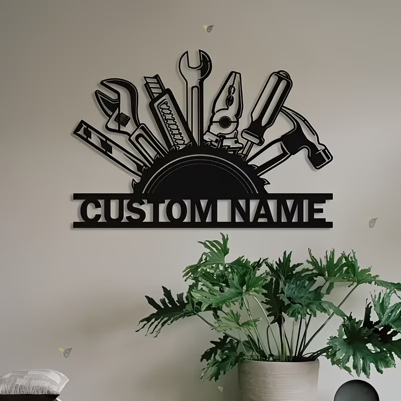 Workshop Tools With Name - Personalisierte Metall-Werkzeug-Wandkunst - Individuelles Werkstatt-Namensschild, Langlebige
