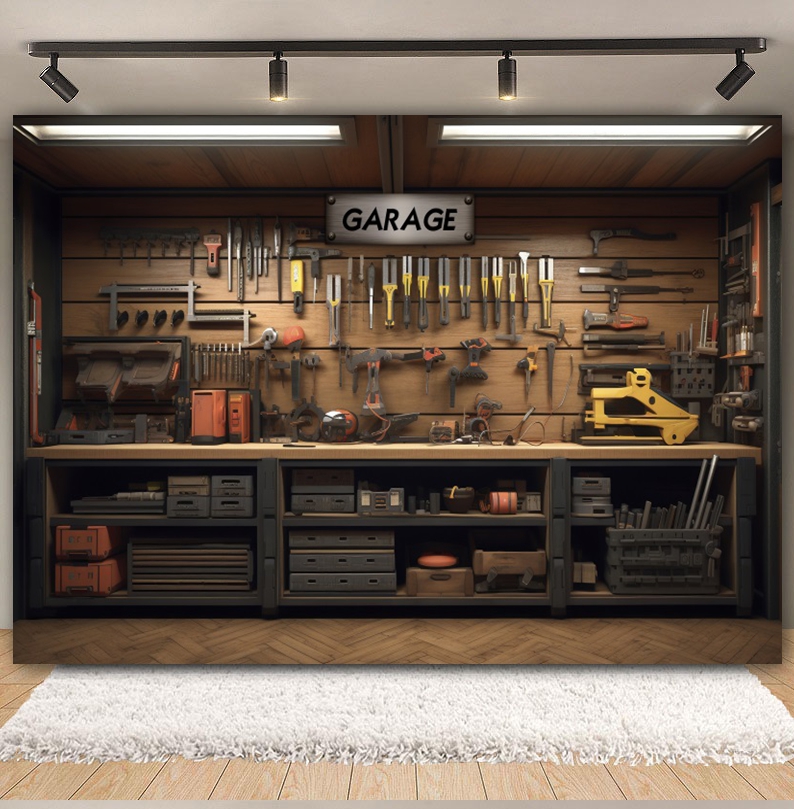 Vintage Garage Hintergrund Aut – Workshop Tools Background Bewertung und Preis